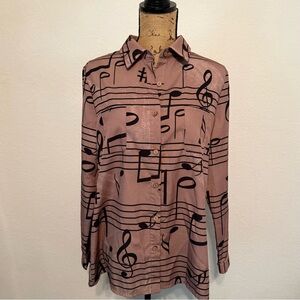Music Notes tan Long Sleeve Button Up Shirt size L